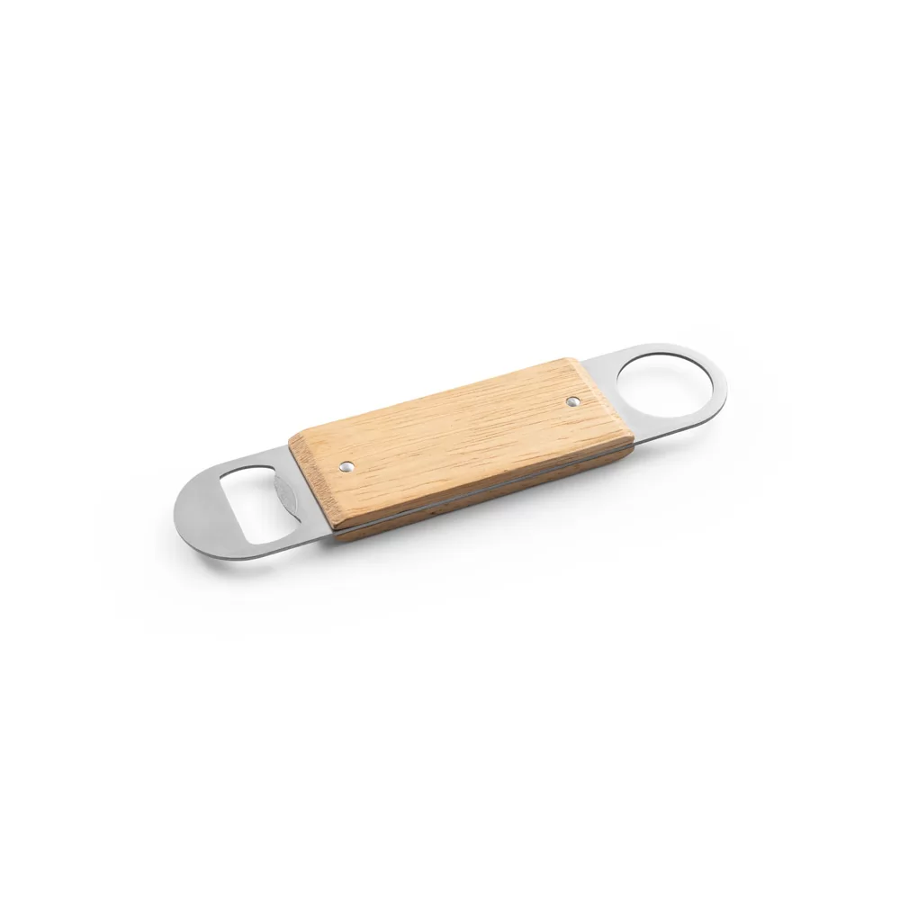 Abridor de garrafas duplo em aço inox com corpo em bambu Personalizado Abridor de garrafas duplo em aço inox com corpo em bambu Personalizado