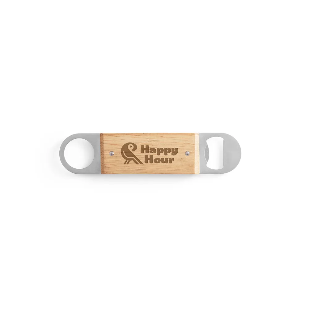 Abridor de garrafas duplo em aço inox com corpo em bambu Personalizado Abridor de garrafas duplo em aço inox com corpo em bambu Personalizado