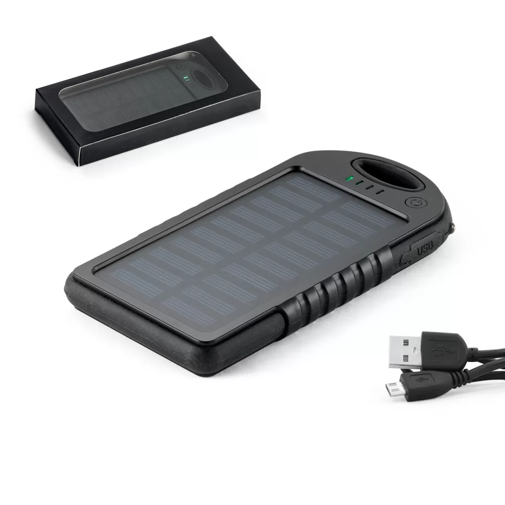 Bateria portátil solar em ABS com painel solar e LED 2.000 mAh Personalizada