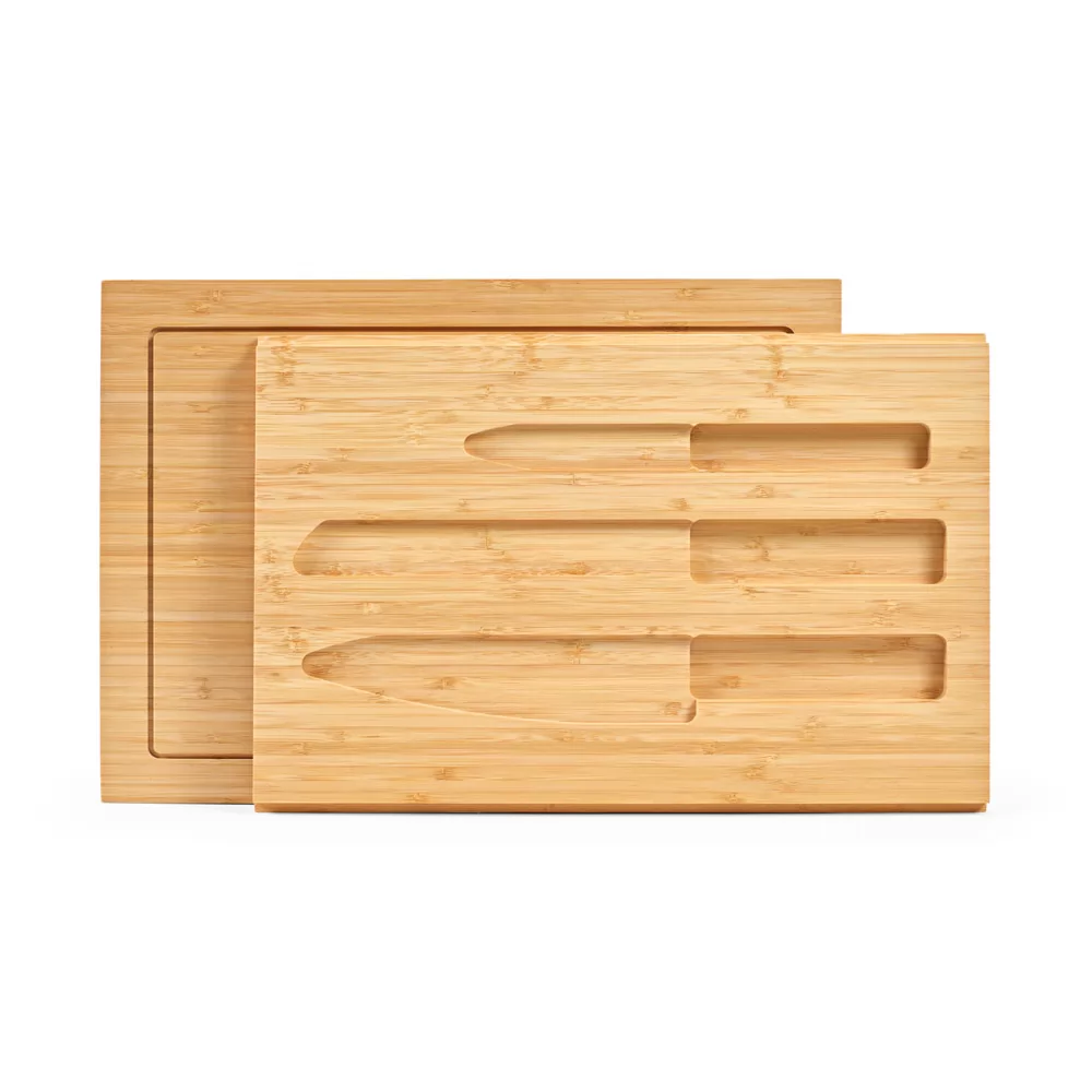 Conjunto de tábuas em bambu com 3 facas Personalizado Conjunto de tábuas em bambu com 3 facas Personalizado