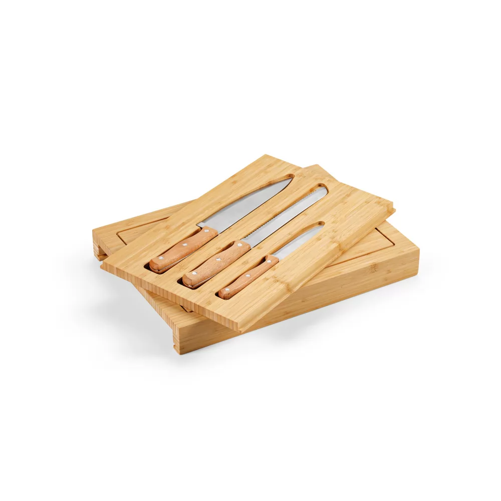Conjunto de tábuas em bambu com 3 facas Personalizado Conjunto de tábuas em bambu com 3 facas Personalizado