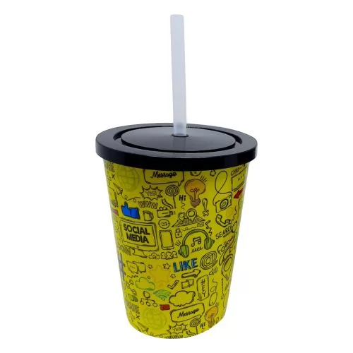 Copo 450ml Com Tampa e Canudo In Mold Label Personalizado Copo 450ml Com Tampa e Canudo In Mold Label Personalizado