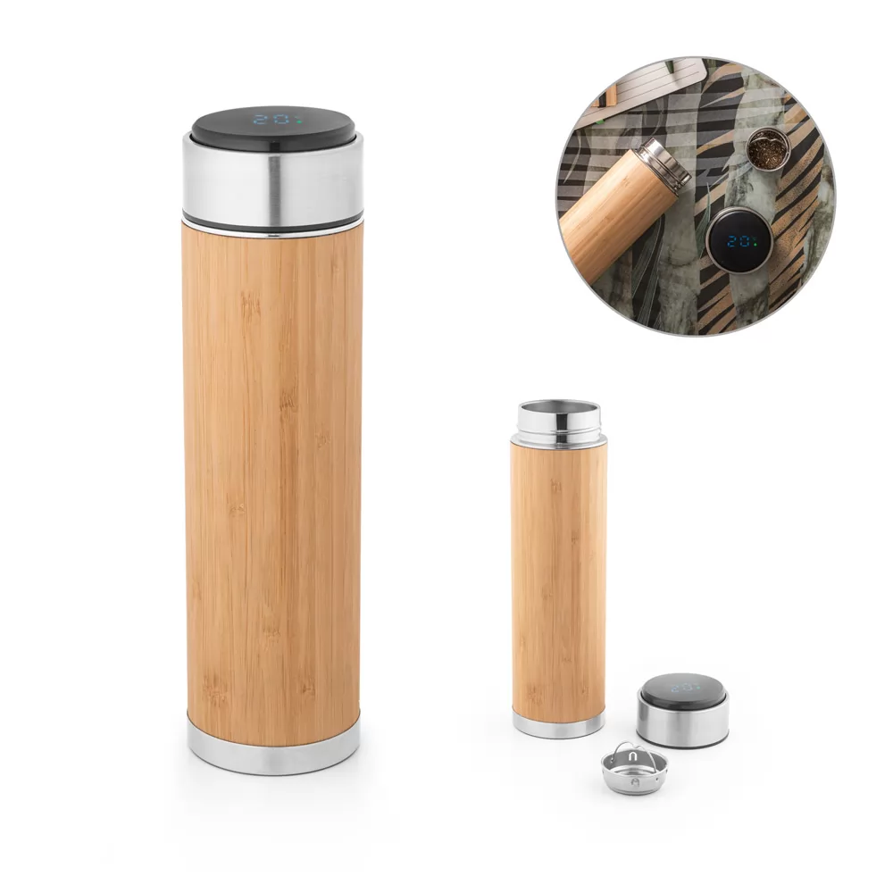 Garrafa térmico em aço inox reciclado e bambu com termómetro digital 430 mL Personalizada Garrafa térmico em aço inox reciclado e bambu com termómetro digital 430 mL Personalizada